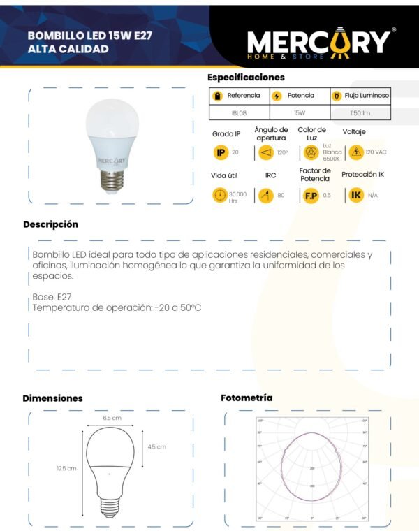 mercury-bombillo-led-15w-e27-ficha-tecnica Ficha técnica MERCURY Bombillo LED 15W E27