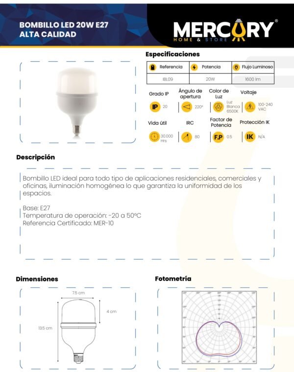 mercury-bombillo-led-20w-e27-ficha-tecnica Ficha técnica MERCURY Bombillo LED 20W E27
