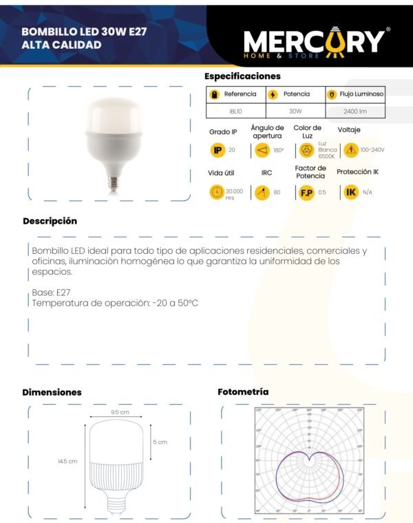 Ficha técnica MERCURY Bombillo LED 30W E27