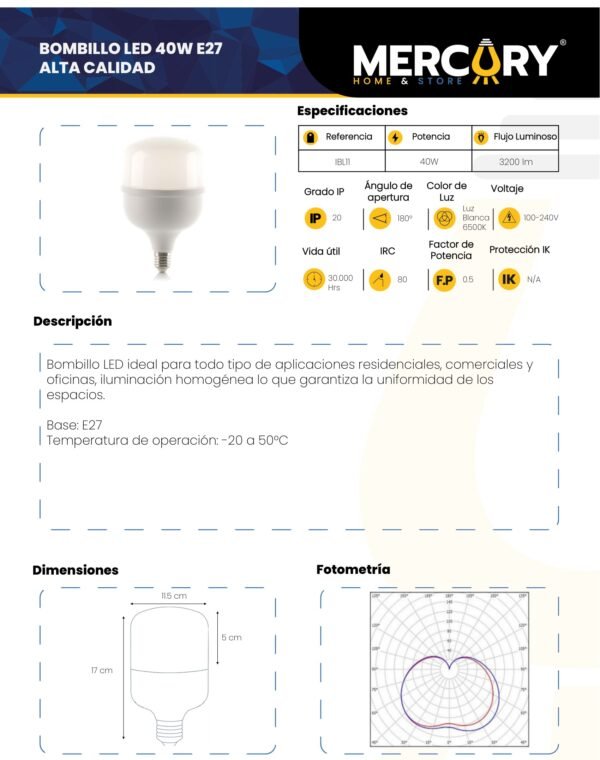 mercury-bombillo-led-40w-e27-ficha-tecnica Ficha técnica MERCURY Bombillo LED 40W E27