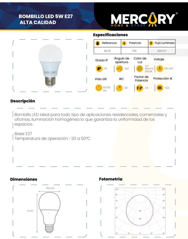 mercury-bombillo-led-5w-e27-ficha-tecnica Ficha técnica MERCURY Bombillo LED 5W E27