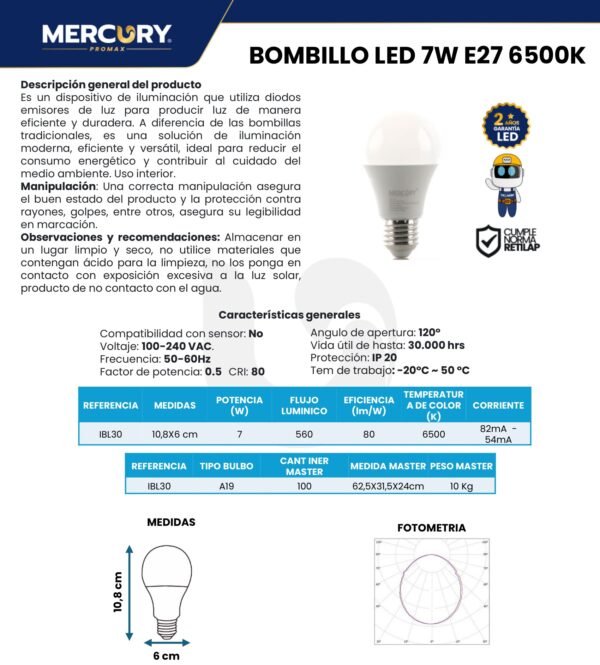 mercury-bombillo-led-7w-e27-ficha-tecnica Ficha técnica MERCURY Bombillo LED 7W E27