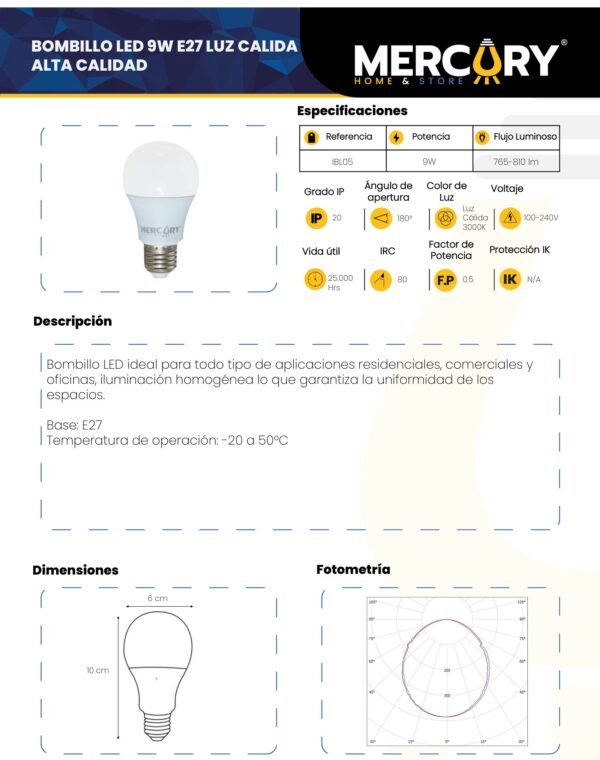 mercury-bombillo-led-9w-e27-luz-calida-ficha-tecnica Ficha técnica MERCURY Bombillo LED 9W E27 LUZ Calida