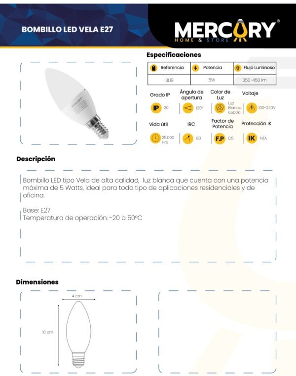 Ficha técnica MERCURY Bombillo LED VELA Decorativo 5W E27