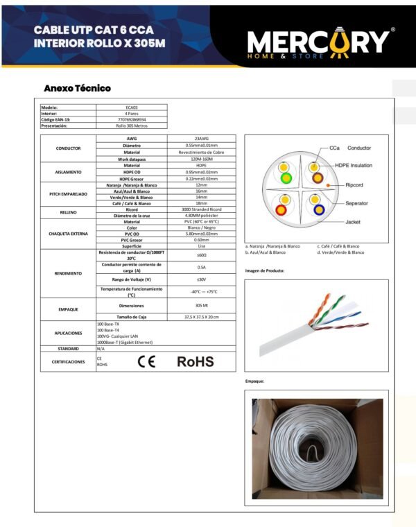 Ficha técnica MERCURY Cable UTP CAT 6 /titanium Interior Rollo *305m