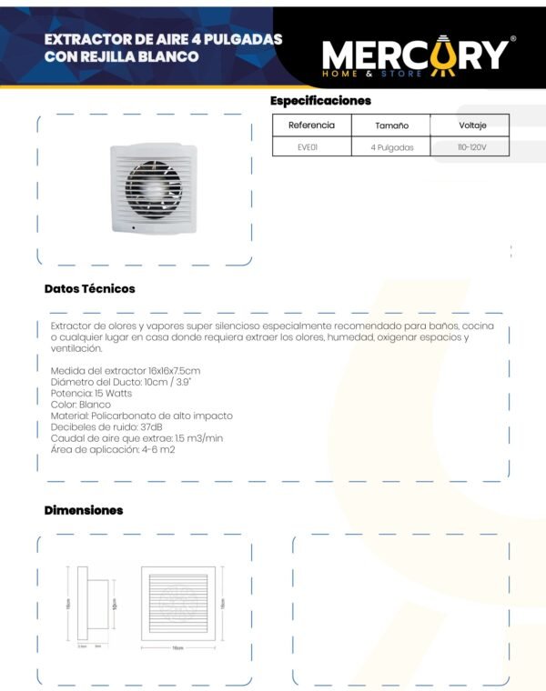 Ficha técnica MERCURY Extractor DE AIRE 4" CON Rejilla Blanco