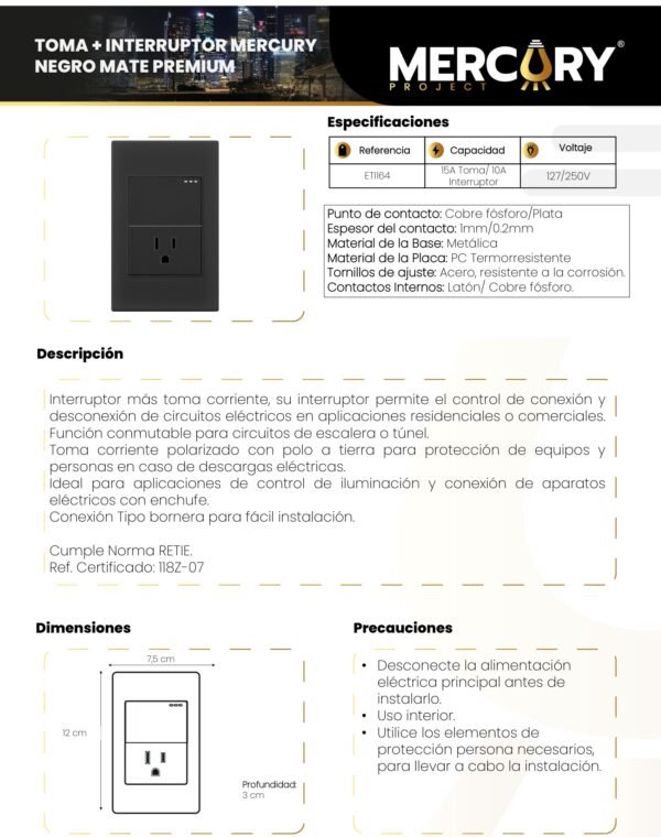 mercury-interruptor-sencillo-toma-polo-a-tierra-negro-mate-ficha-tecnica Ficha técnica MERCURY Interruptor Sencillo - TOMA POLO A Tierra Negro MATE