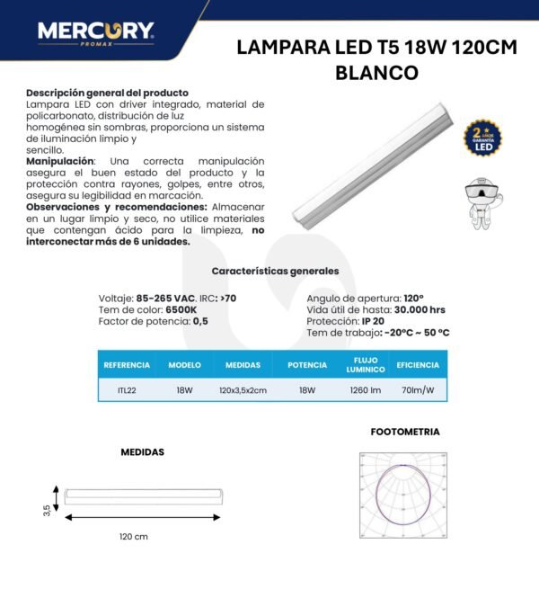 Ficha técnica MERCURY Lampara LED 18W Antipolvo 120 CM