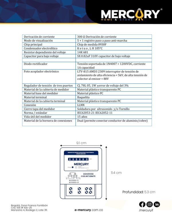 Ficha técnica MERCURY Medidor Electronico Interno 120V Monofasico