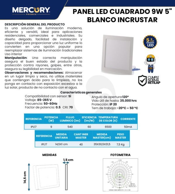 Ficha técnica MERCURY Panel Incrustar 5" 9W