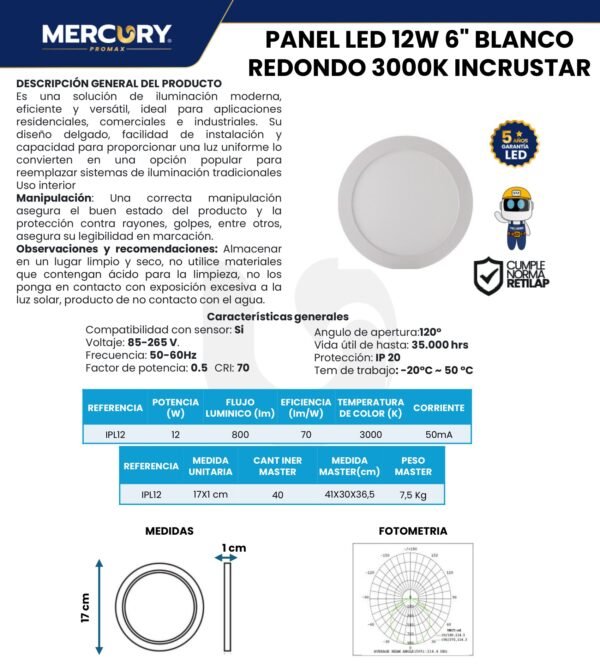 mercury-panel-incrustar-6-12w-ipl12-luz-calida-ficha-tecnica Ficha técnica MERCURY Panel Incrustar 6" 12W Ipl12 LUZ Calida