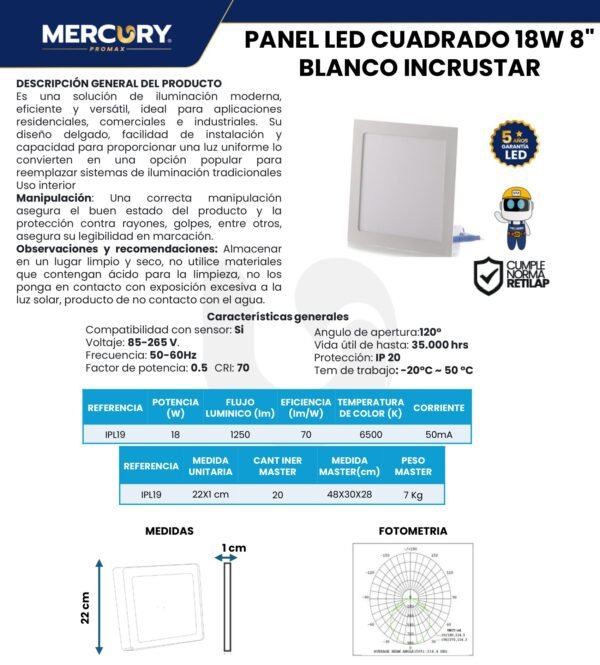 mercury-panel-incrustar-8-18w-ficha-tecnica Ficha técnica MERCURY Panel Incrustar 8" 18W