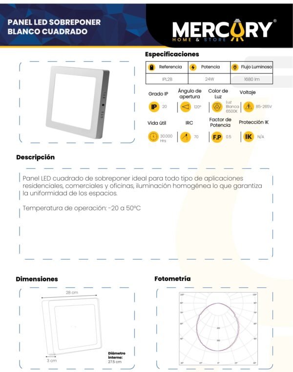 Ficha técnica MERCURY Panel Sobreponer 10" 24W