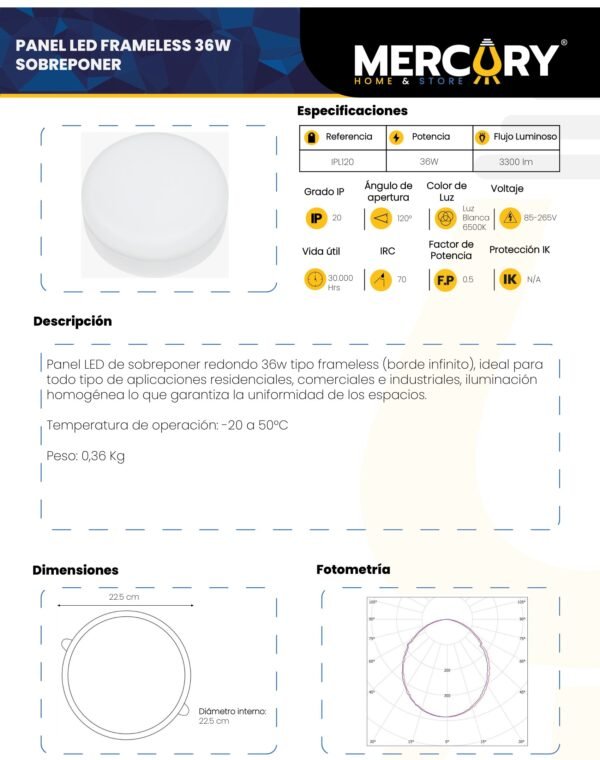 Ficha técnica MERCURY Panel Sobreponer 36W Frameless