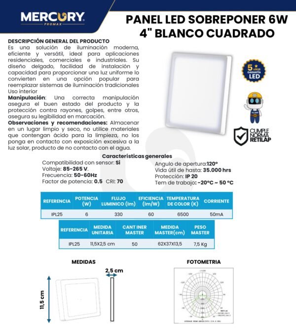 mercury-panel-sobreponer-4-6w-ficha-tecnica Ficha técnica MERCURY Panel Sobreponer 4" 6W