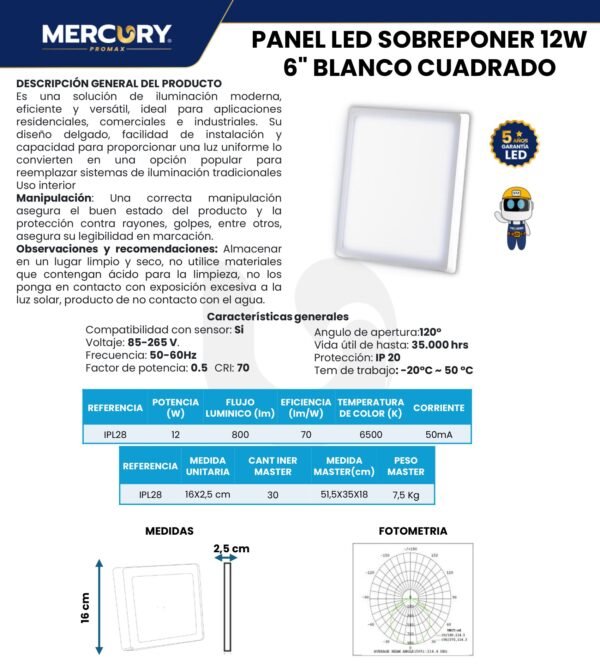 mercury-panel-sobreponer-6-12w-ficha-tecnica Ficha técnica MERCURY Panel Sobreponer 6" 12W