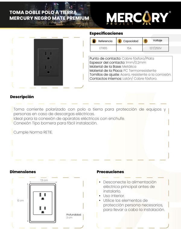 Ficha técnica MERCURY TOMA Doble POLO A Tierra Negro MATE