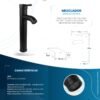 Ficha técnica Mezclador Lavamanos Alto Cuerpo Acero Inox # 201 Manija en Zinc Cartucho Ceramico 40mm Color Negro