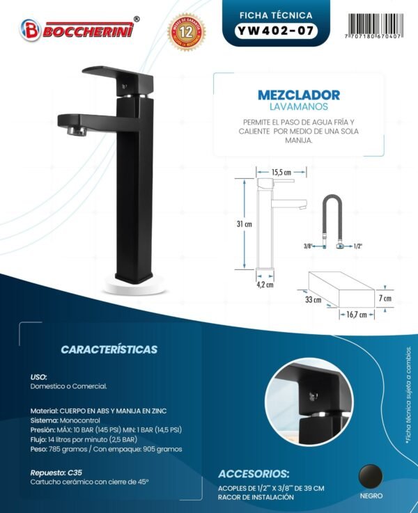Ficha técnica Mezclador Lavamanos Alto Cuerpo Plástico Manija en Zinc Cartucho Ceramico 35mm Color Negro 31 cm