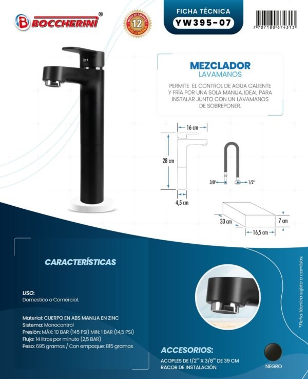 Ficha técnica Mezclador Lavamanos Alto Cuerpo Plástico Manija en Zinc Cartucho Ceramico 35mm Color Negro