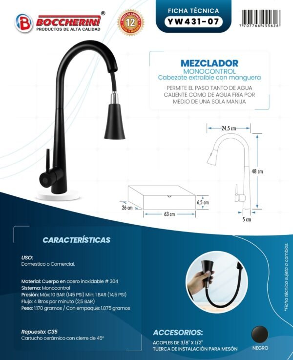 Ficha técnica Mezclador Lavaplatos Extraible en Acero Inoxidable # 304 Incluye Mangueras Color Negro