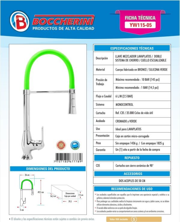 Ficha técnica Mezclador Lavaplatos en Bronce Cuello Escualizable Color Verde