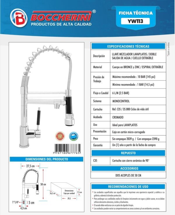 Ficha técnica Mezclador Lavaplatos en Bronce y Zinc Manija Tipo Palanca Doble Salida de Agua