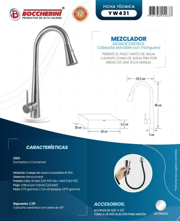 Ficha técnica Mezclador Lavaplatos Extraible en Acero Inoxidable # 304 Incluye Mangueras Cromado