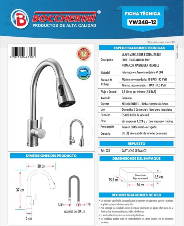Ficha técnica Mezclador Lavaplatos Extraible en Acero Inoxidable # 304 Satinado