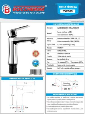 Ficha técnica Mezclador Monocontrol Lavamanos en ABS Cromado