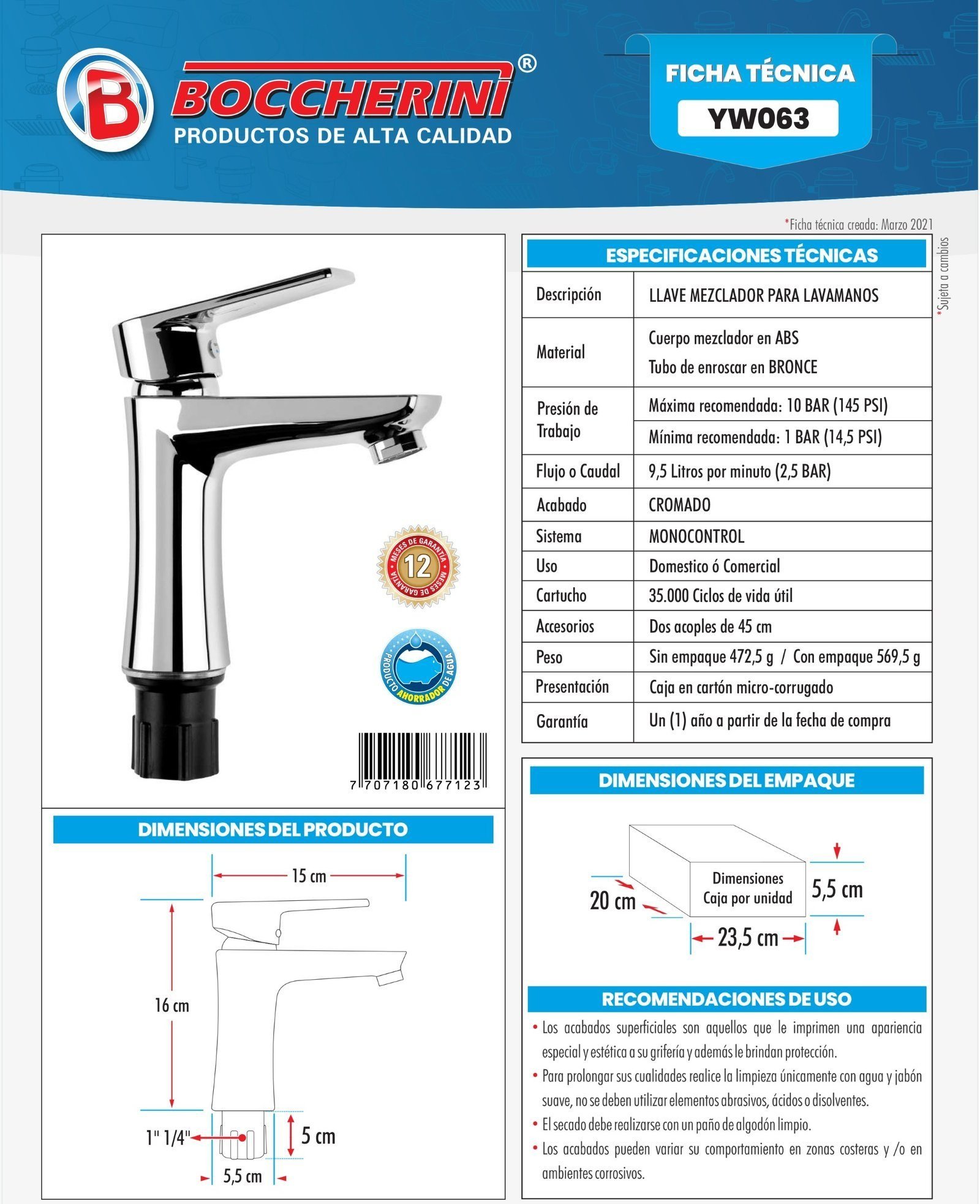 Mezclador Monocontrol Lavamanos en ABS Cromado