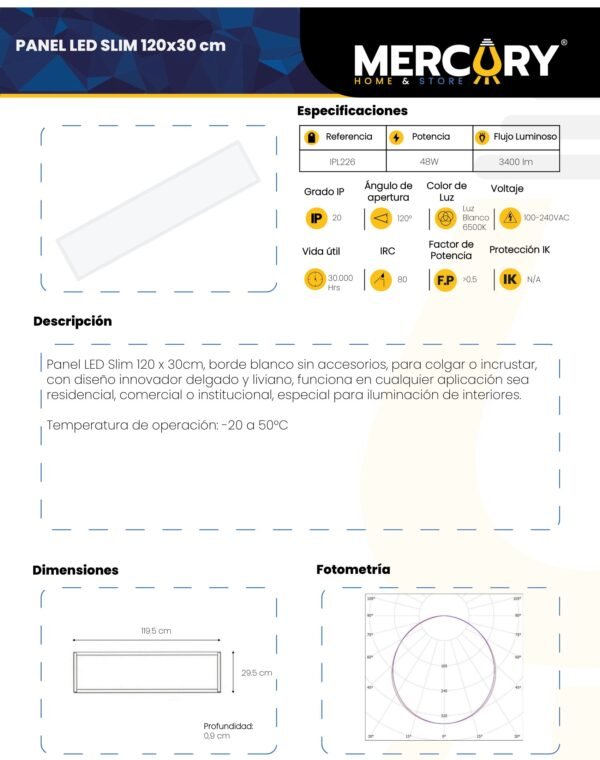 Ficha técnica Panel LED 60X60 48W Luz Fría 6500K — Mercury · Ref IPL226