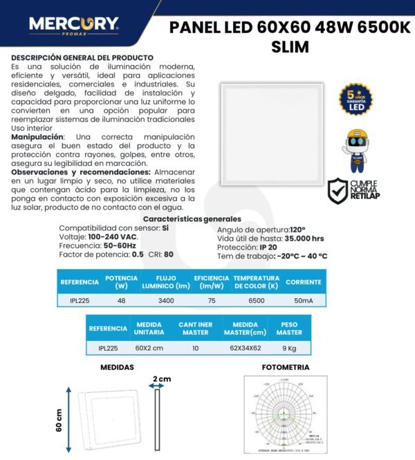 panel-led-60x60-48w-luz-fria-6500k-mercury-ficha-tecnica Ficha técnica Panel LED 60X60 48W Luz Fría 6500K — Mercury · Ref IPL225