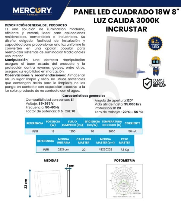 panel-led-cuadrado-incrustar-18w-mercury-ficha-tecnica Ficha técnica Panel LED Cuadrado Incrustar 18W — Mercury
