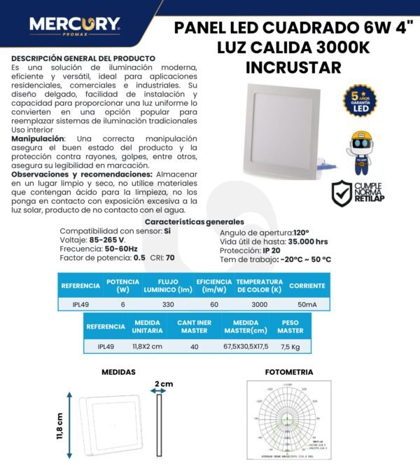 panel-led-cuadrado-incrustar-6w-mercury-ficha-tecnica Ficha técnica Panel LED Cuadrado Incrustar 6W — Mercury