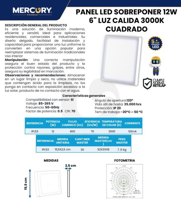 panel-led-cuadrado-sobreponer-12w-mercury-ficha-tecnica Ficha técnica Panel LED Cuadrado Sobreponer 12W — Mercury