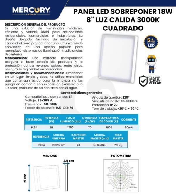panel-led-cuadrado-sobreponer-18w-mercury-ficha-tecnica Ficha técnica Panel LED Cuadrado Sobreponer 18W — Mercury