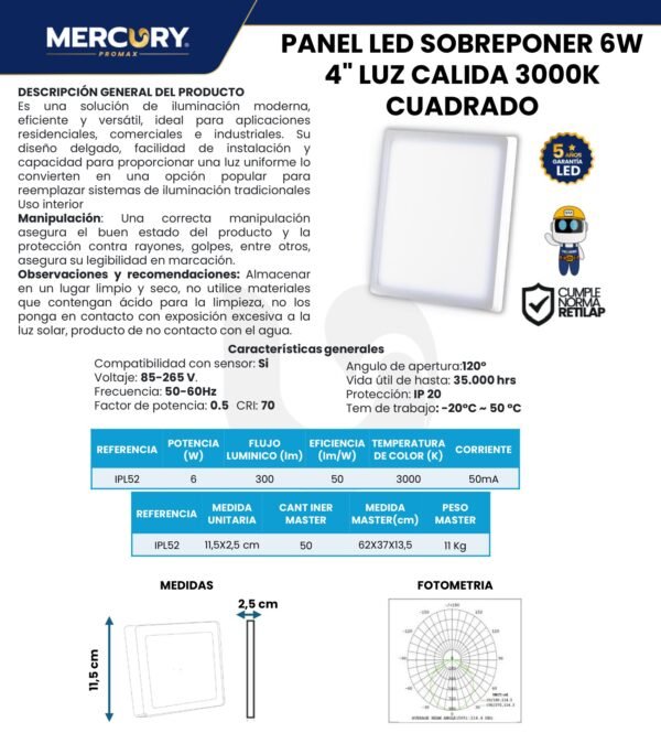 panel-led-cuadrado-sobreponer-6w-mercury-ficha-tecnica Ficha técnica Panel LED Cuadrado Sobreponer 6W — Mercury