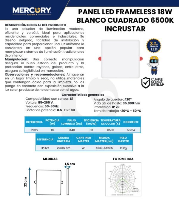 panel-led-frameless-cuadrado-incrustar-18w-mercury-ficha-tecnica Ficha técnica Panel LED Frameless Cuadrado Incrustar 18W — Mercury