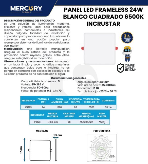 panel-led-frameless-cuadrado-incrustar-24w-mercury-ficha-tecnica Ficha técnica Panel LED Frameless Cuadrado Incrustar 24W — Mercury