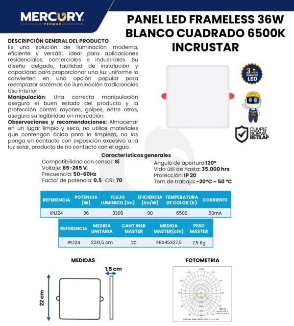 panel-led-frameless-cuadrado-incrustar-36w-mercury-ficha-tecnica Ficha técnica Panel LED Frameless Cuadrado Incrustar 36W — Mercury