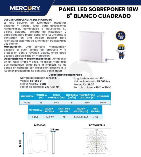 panel-led-frameless-cuadrado-sobreponer-18w-mercury-ficha-tecnica Ficha técnica Panel LED Frameless Cuadrado Sobreponer 18W — Mercury