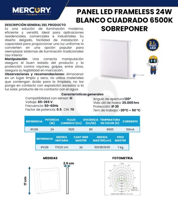 Ficha técnica Panel LED Frameless Cuadrado Sobreponer 24W — Mercury