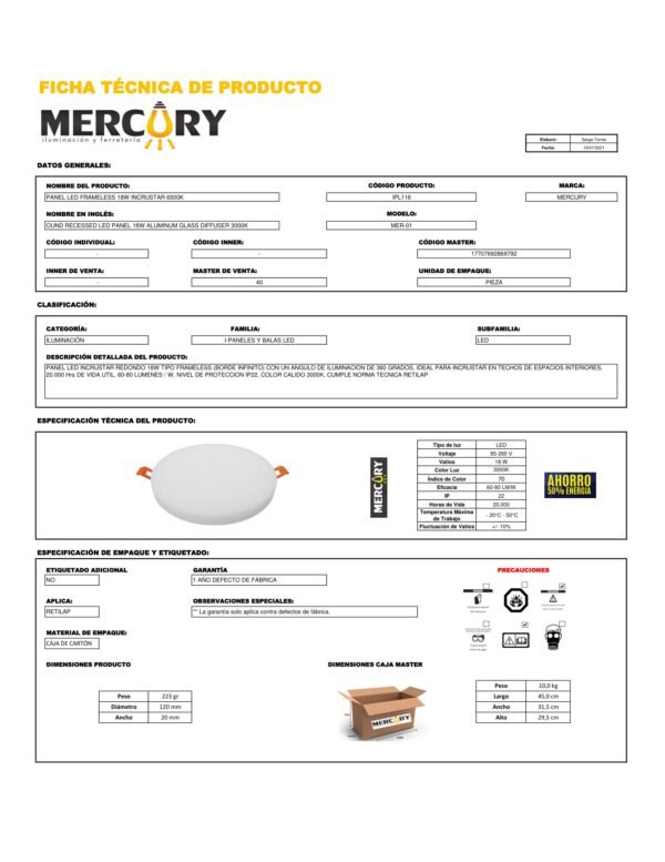 Ficha técnica Panel LED Frameless Redondo Incrustar 18W — Mercury · Ref IPL116
