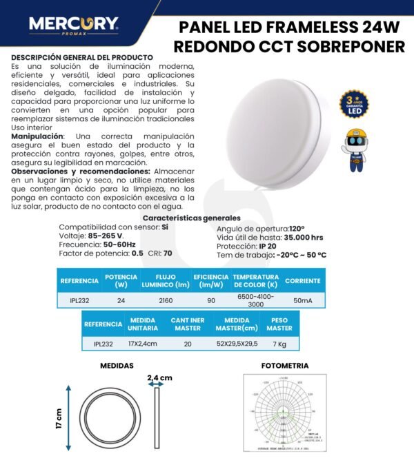 panel-led-frameless-redondo-sobreponer-24w-mercury-2-ficha-tecnica Ficha técnica Panel LED Frameless Redondo Sobreponer 24W — Mercury · Ref IPL232