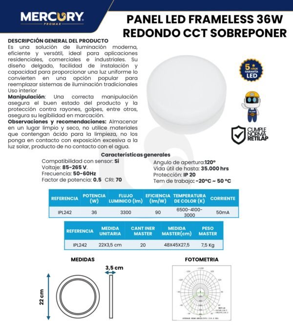 panel-led-frameless-redondo-sobreponer-36w-mercury-2-ficha-tecnica Ficha técnica Panel LED Frameless Redondo Sobreponer 36W — Mercury · Ref IPL242
