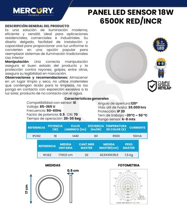 Ficha técnica Panel LED Incrustar 18W — Mercury · Ref IPL162