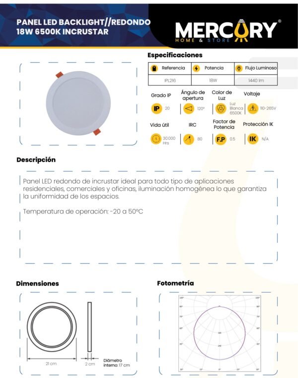 Ficha técnica Panel LED Redondo 18W — Mercury