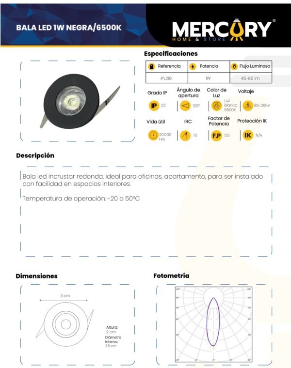 Ficha técnica Panel LED Redondo Incrustar Negro Luz Fría 6500K — Mercury · Ref IPL219