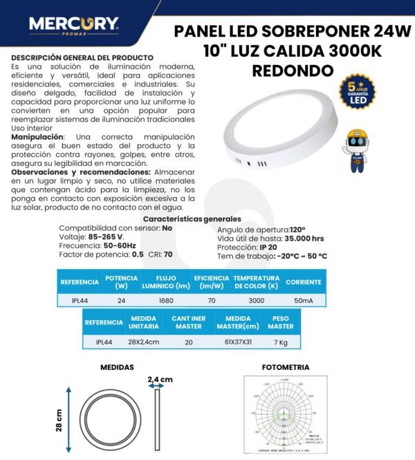 Ficha técnica Panel LED Redondo Sobreponer 24W — Mercury